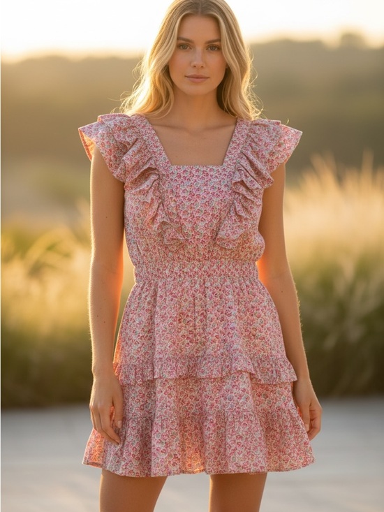 Dresses & Skirts - Hyacinth House April Mini Dress Pink Floral Ruffle Smocked Waist XS EUC